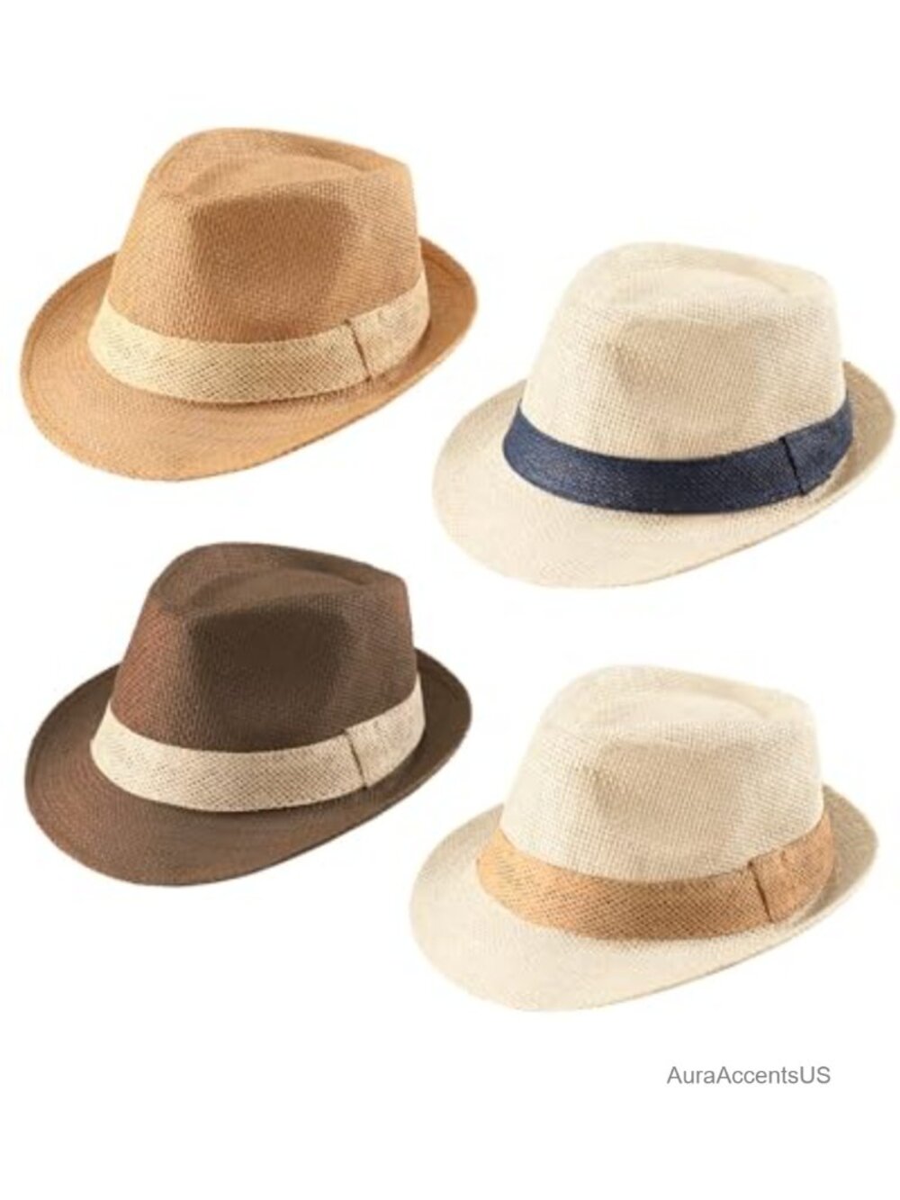 4 Pack Straw Fedora Hats Short Brim Trilby Panama Sun Hat Adjustable
